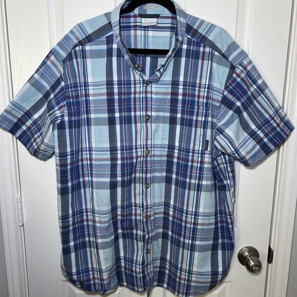 Columbia Men's Short Sleeve Button Up Shirt XXL 2XL Plaid Blue Red Regular Fit - Picture 1 of 9